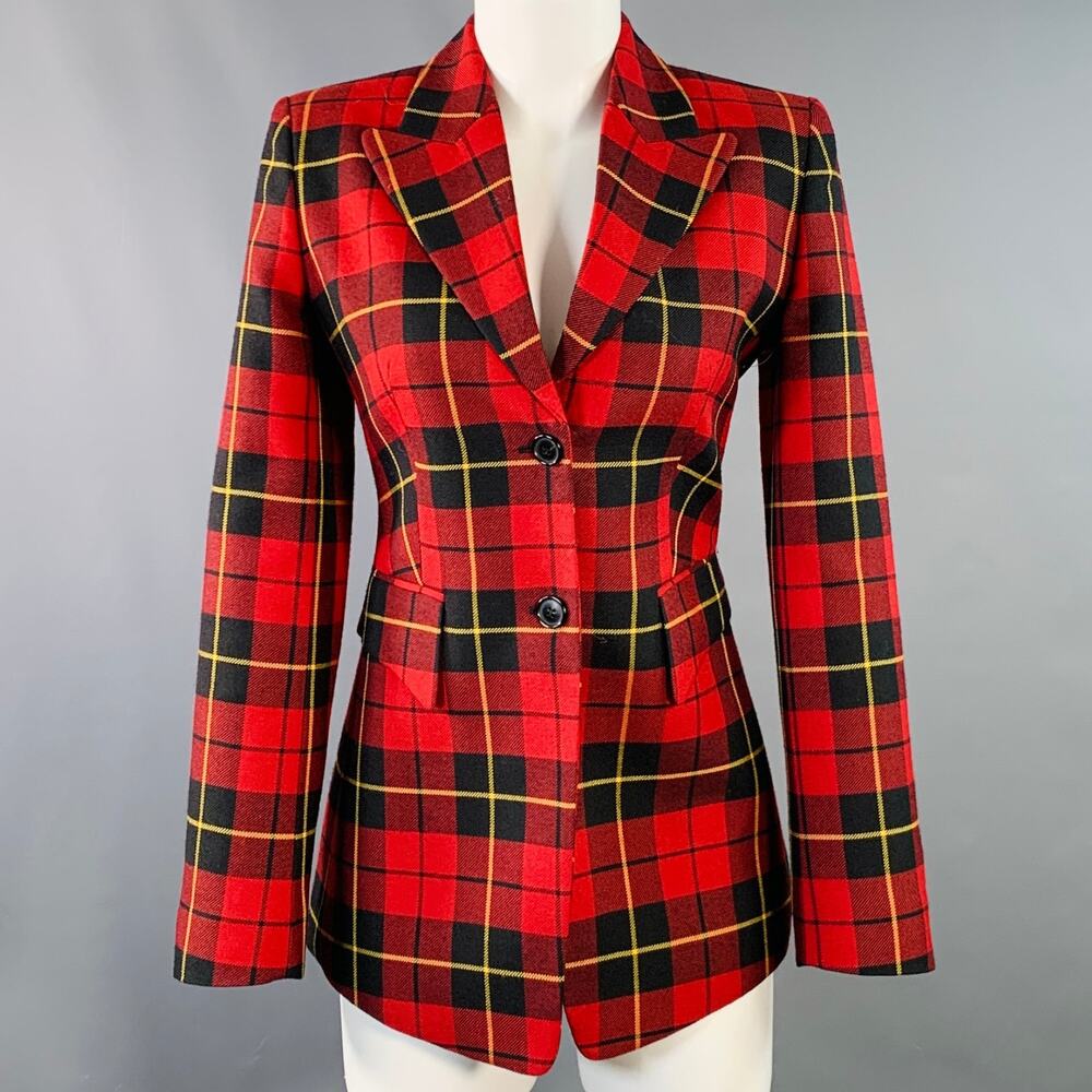 MICHAEL KORS COLLECTION Size 2 Red Black Yellow Wool Plaid Jacket Blazer
